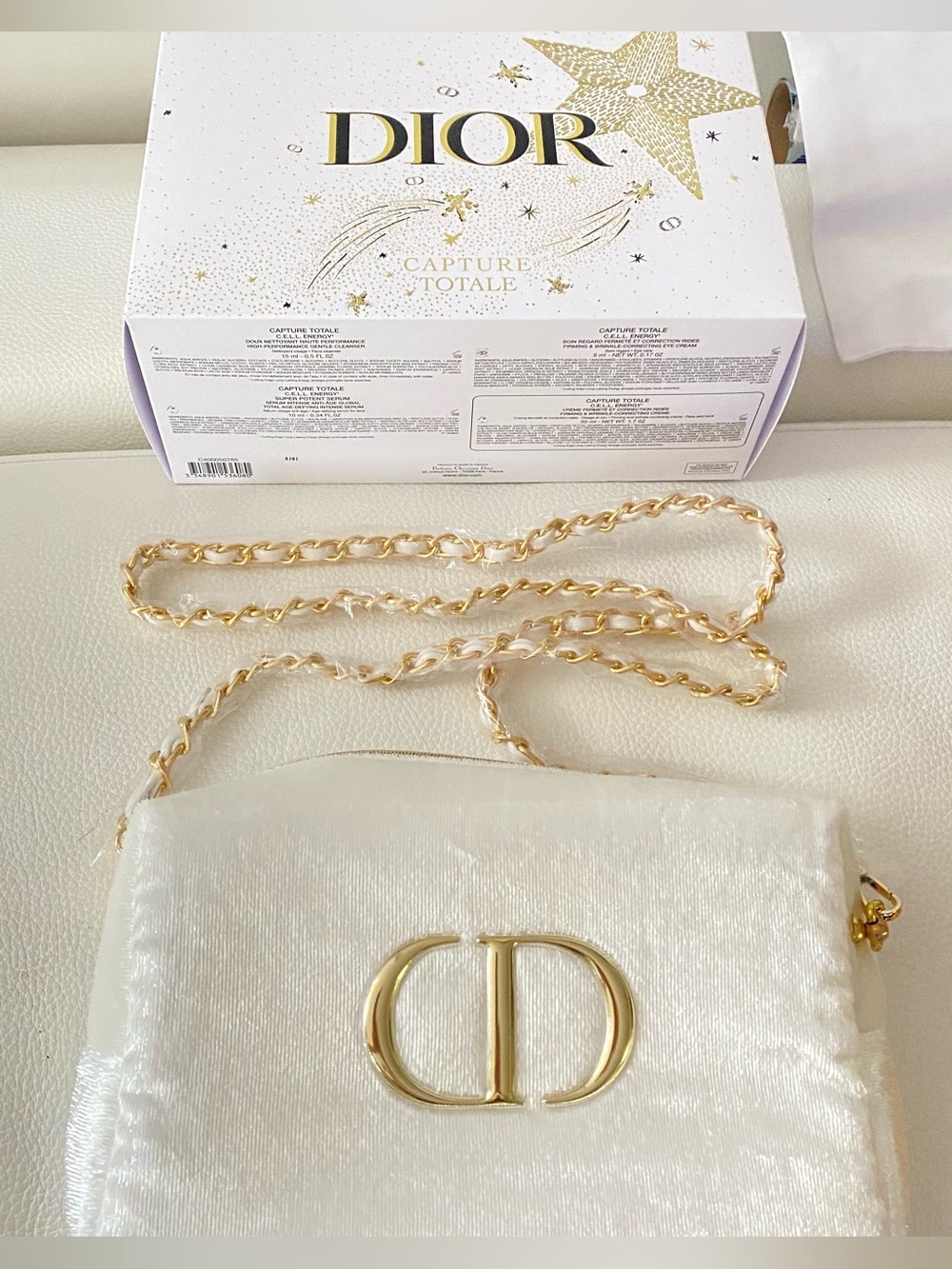 Dior White Shiny Velvet CD Chain Shoulder Bag (from Dior beauty pouch)